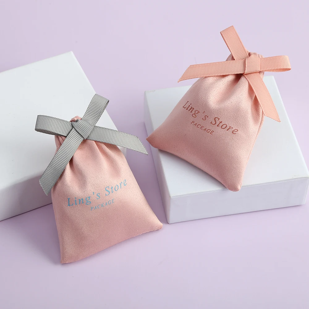 100 Personalized Pink Velvet Jewelry Bag with Ribbon Gift Pouches for Wedding Candy Packing Christmas Decoration Custom Logo