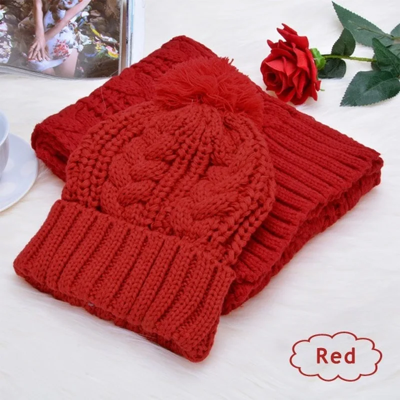 New Female Winter Scarf and Hat 2 Piece Set Plush Ball Beanie Autumn Lady Warm Knitted Cap Vintage Women Bonnet Femme