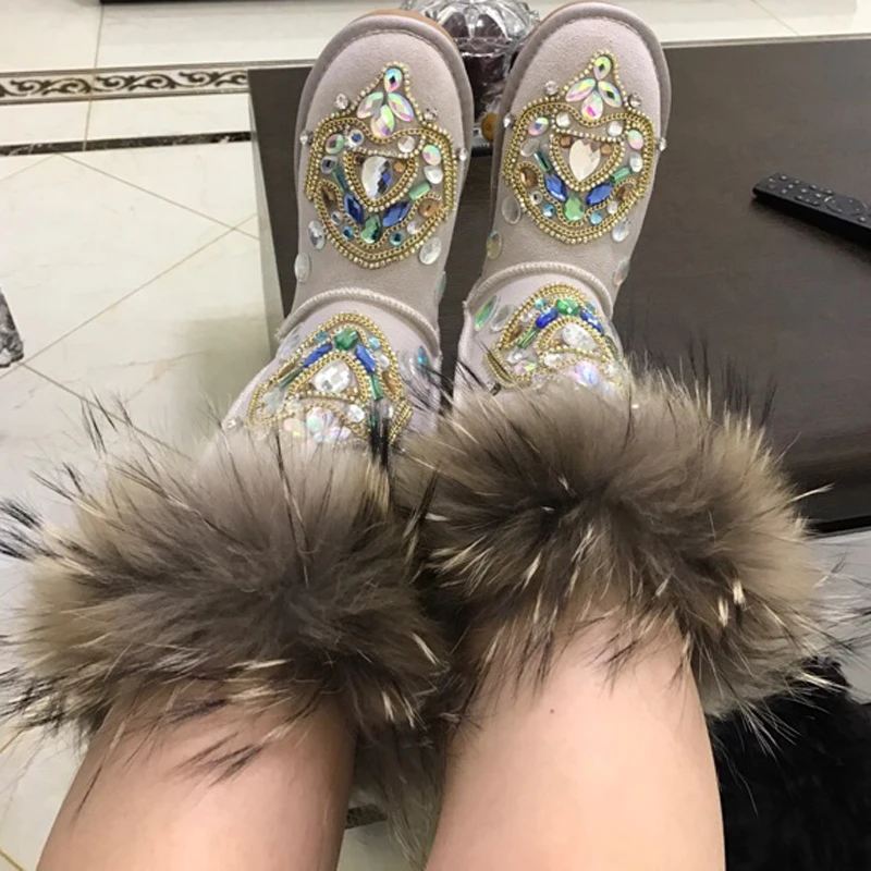 New Winter Snow Boots Women Real Fur Rhinestone Handmade Warm Flat Ankle Boots Genuine Leather Comfortable Casual Shoes Women