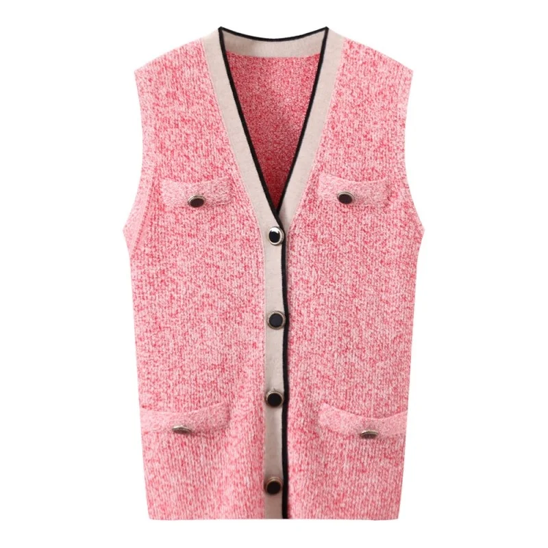 V Women Neck Single Breasted Knitted Vest Tops Sleeveless Jacket Slim Fit Knitwear Ladies Casual Fashion Waistcoat Pink Vests