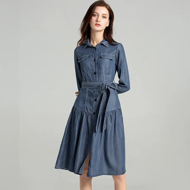 

Dress 2022 new A-line Slim stitching casual long-sleeved Tencel denim dress women