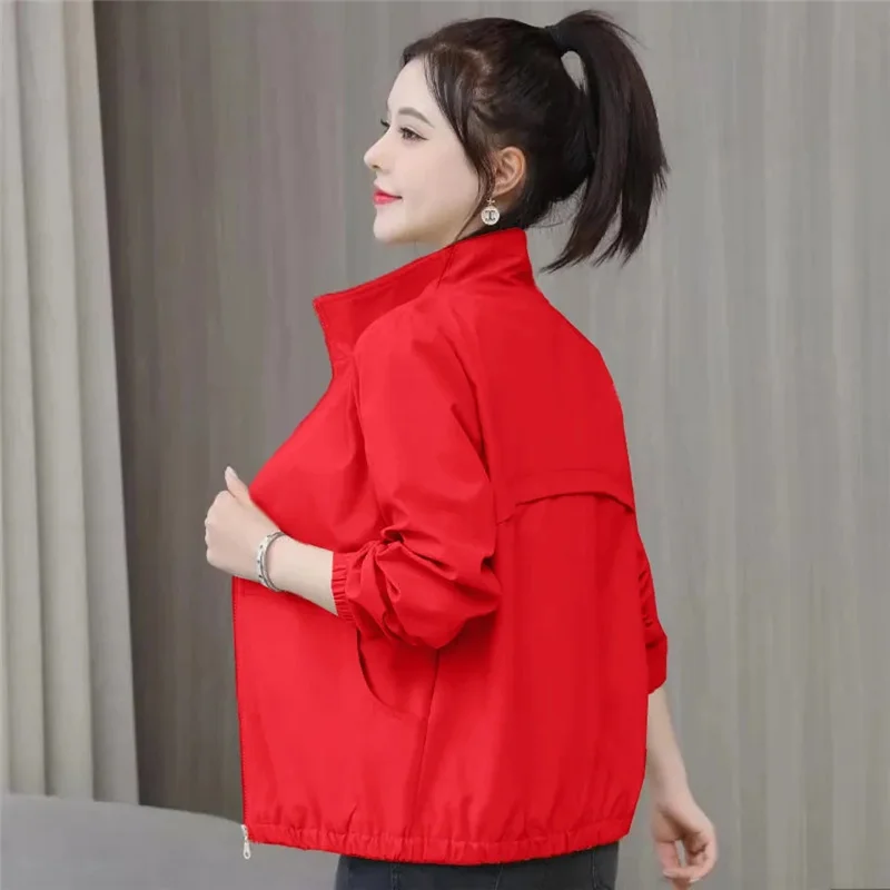 Women\'s Short Jacket 2021 Spring Autumn New Pure Color Casual  Windbreaker Stand Collar Tooling Jacket Coat Tops With Lining 15