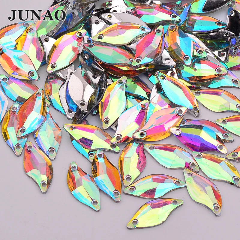 JUNAO 100pcs 9*20mm Sew On Crystal AB Horse Eye Rhinestone Applique Flatback Fancy Resin Crystal Stones Needlework Strass Crafts