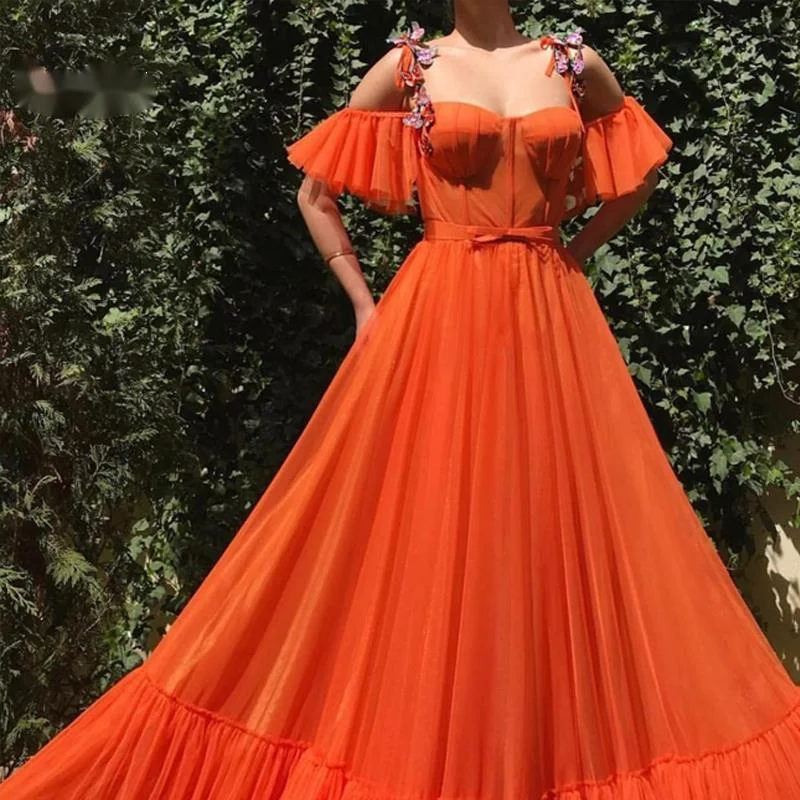 Fashion Off The Shoulder Prom Dress Orange Princess Dress Tulle With Butterfly Backless Floor Length Evening Gown Party Dress