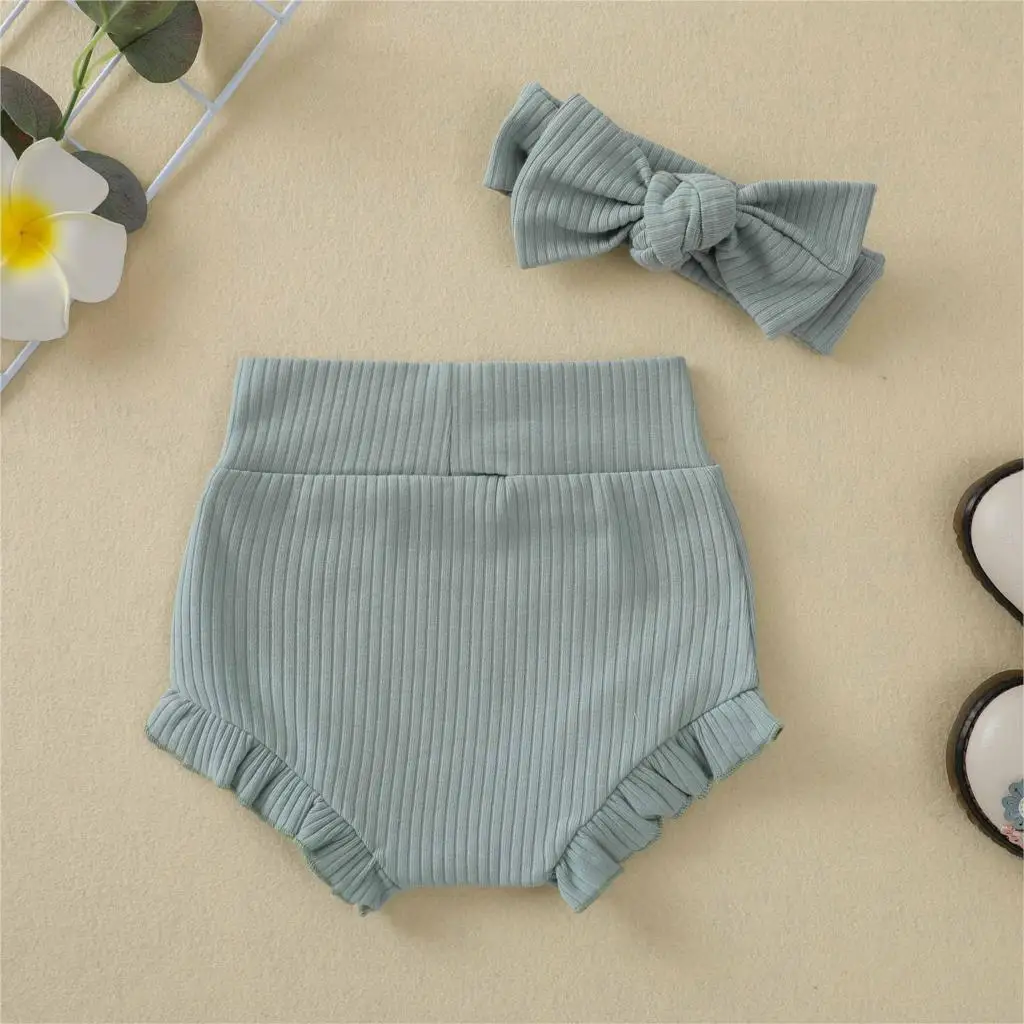 Summer Kids Boys Shorts Solid Color Baby Girl Clothes Cotton PP Pants With Hair Band Lace Bows Triangle Toddler Bottoms 6-24M