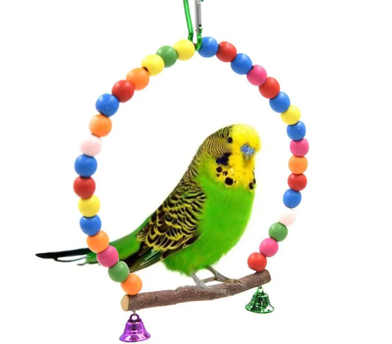 

20pcs/lot Natural Wooden Parrots Swing Toy Birds Perch Hanging Swings Cage With Colorful Beads Bells Toys Bird Supplies