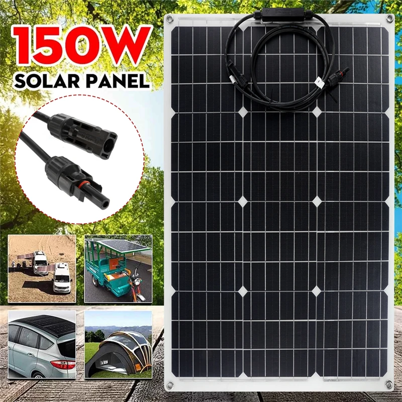 150W Solar Panel 18V Semi-flexible Monocrystalline Solar Cell Solar Board DIY Cable Battery Power System for Outdoor Car RV