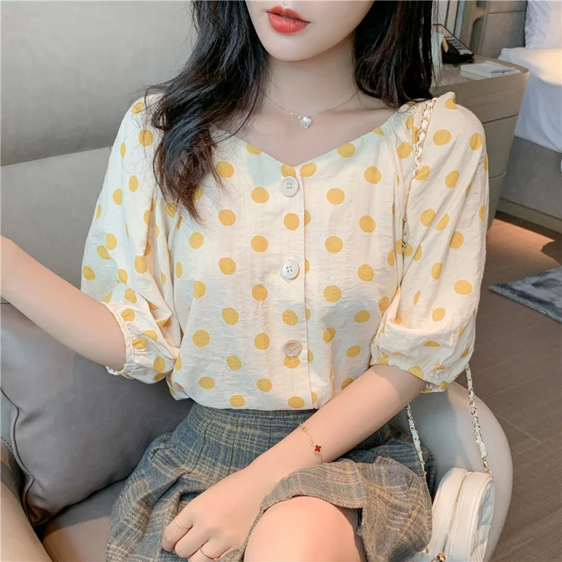 Dot Print Womens Tops En Blouses Zomer Geel Groen Blusas Casual Losse Shirt Bohemen 2020 Chemisier Femme Knop Blouse Mujer