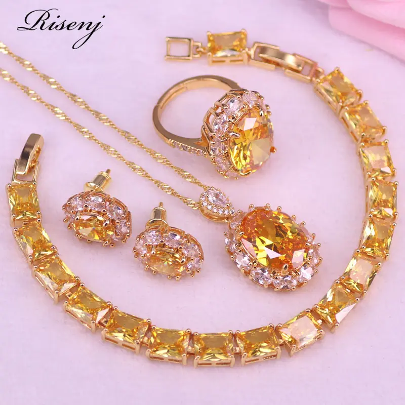 Conjunto de joyería de disfraz de oro rosa amarillo brillante para mujer, anillo ajustable, pendientes, collar con pulsera, joyería nupcial, 5 colores