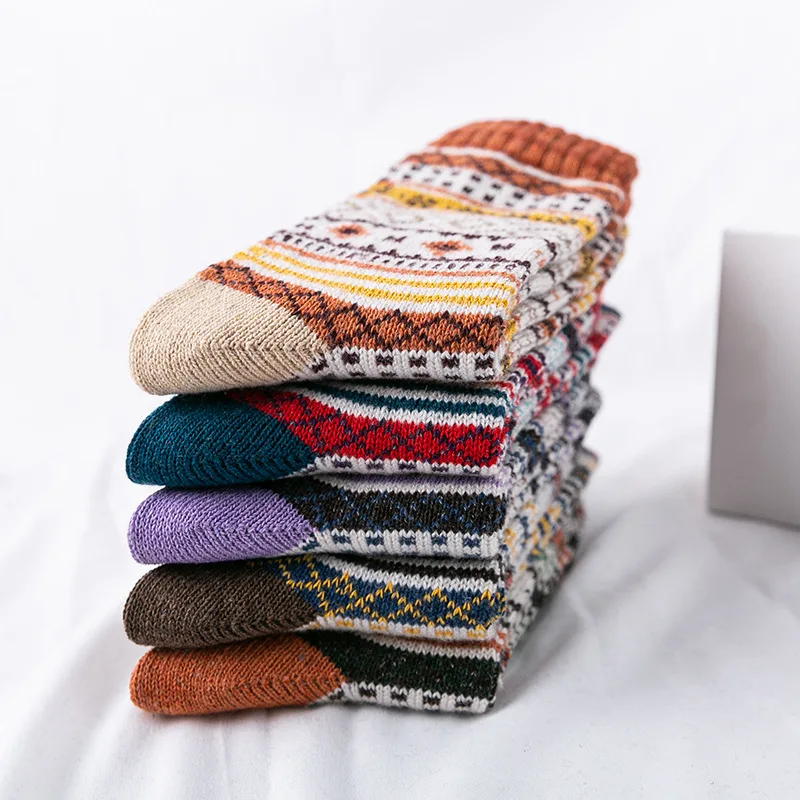 5Pairs/Lot New Winter Thick Warm Wool Women Socks Colorful Socks Fashion Casual Euramerican National Wind-Flowers Cotton Sock