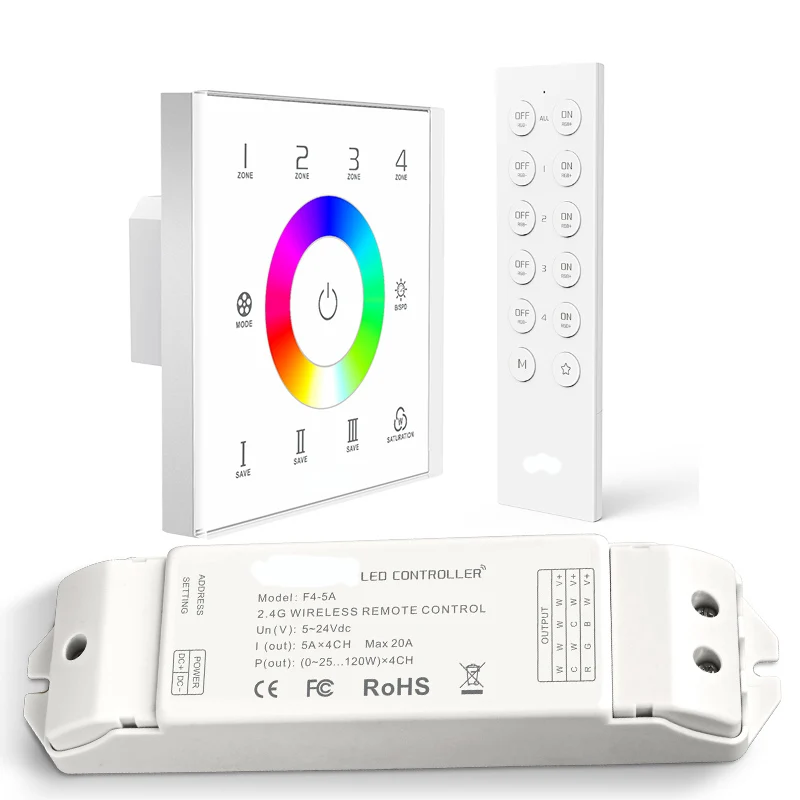 LTECH New Wall Touch Led RGBW Strip Controller EX8S 100V-220V 4 Zones 2.4GHz Wireless Recevier F4-5A And RF Remote F8