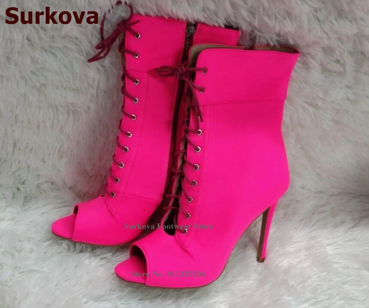 Surkova Pink Neon Yellow Stretch Lycra Ankle Boots Thin High Heel Open Toe Short Booties Cross Strap Lace-up Dress Shoes Size46