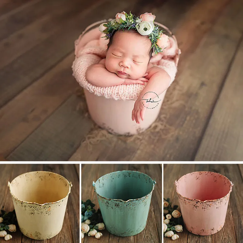 Newborn Photography Props Retro Colored Iron Bucket Boy Girl Baby Photo Bakset Old Container Fotografie Accessoires Background