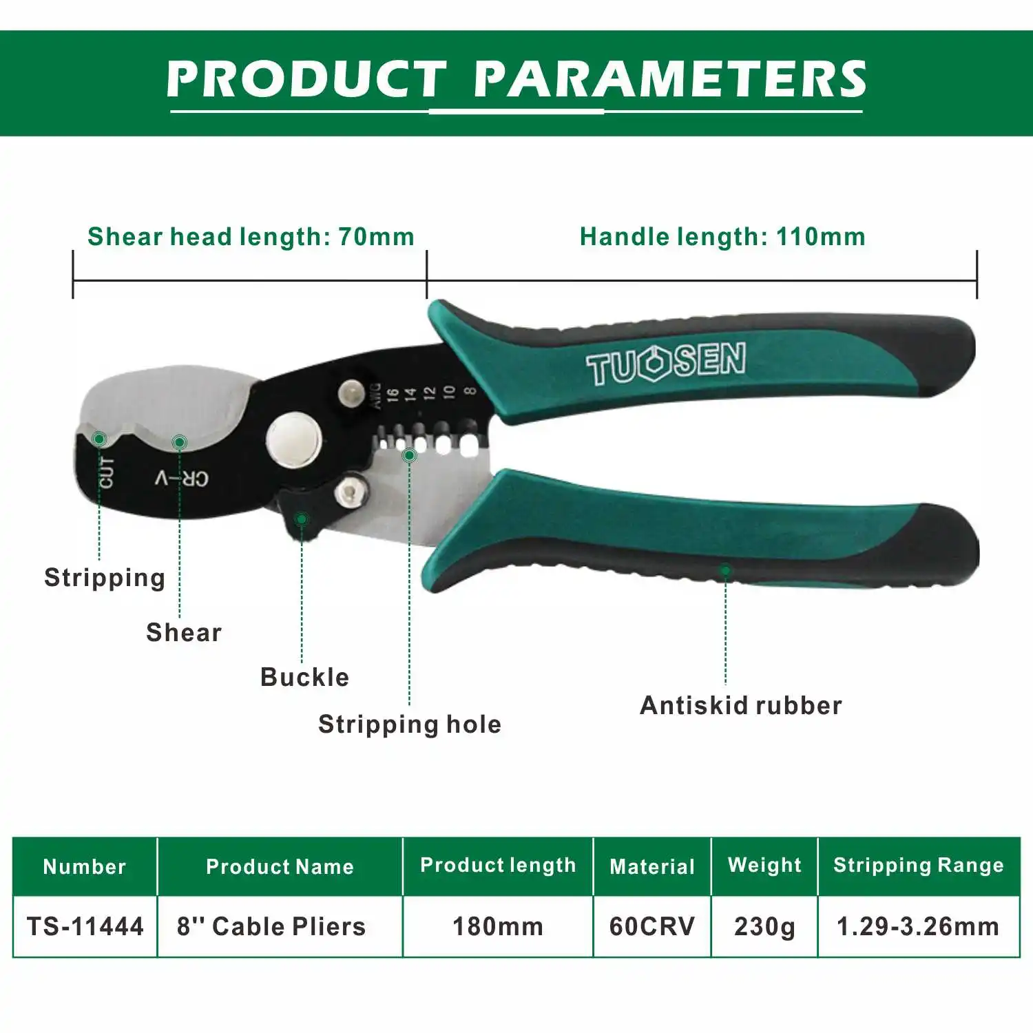 Wire Stripper Cable Cutter 8'' TUOSEN Multi-function Wire Stripping Tool Crimping Pliers Wire Cable Stripper Spring Design