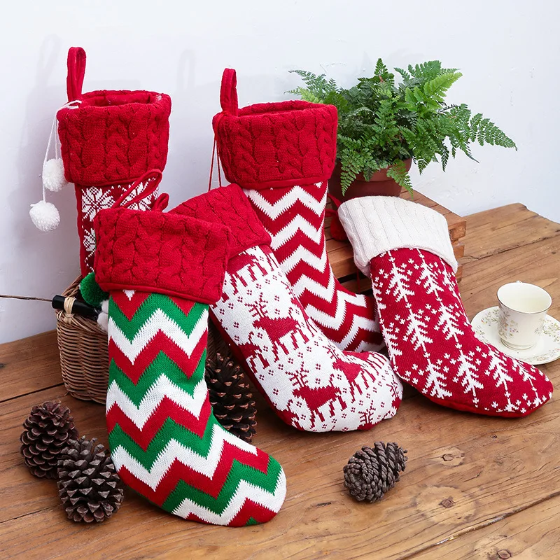 New Knitted Christmas Stocking Christmas Candy Gift Bags Holder Lager Socks Christmas Tree Ornaments Xmas New Year Kids Gift