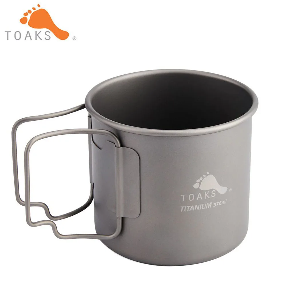 TOAKS Pure Titanium Cup Ultralight Outdoor Coffee Tea Mug without Lid and Foldable Handle Camping Cookware 375ml 50g CUP-375