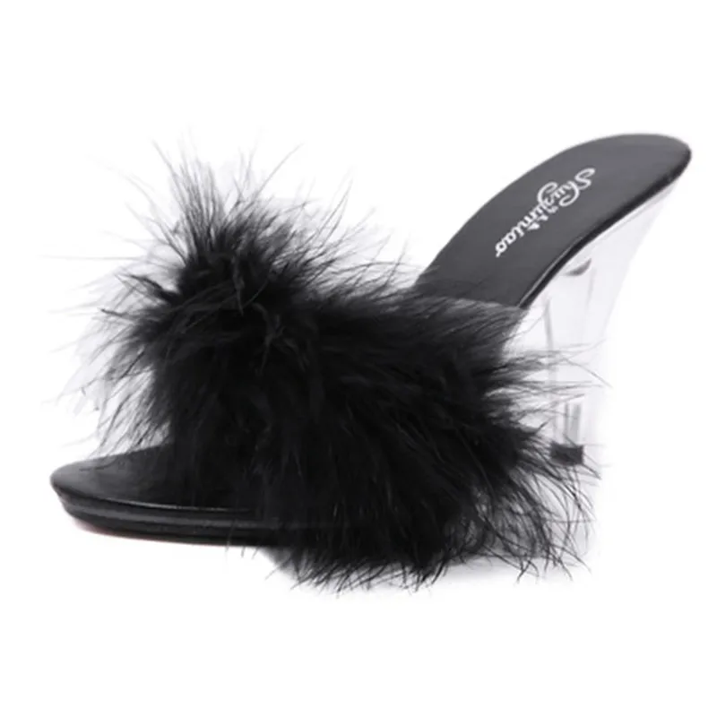 Plus Size 34-44 45 Woman Sexy Slippers Female 7/10CM Feather Party High Heels Shoes Women Summer Fur Transparent Slippers Ladies