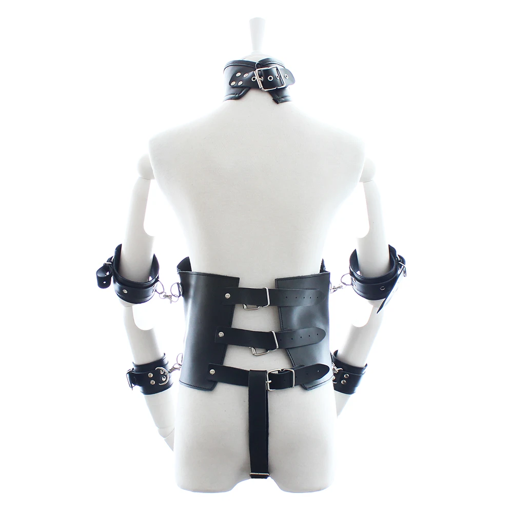 Thierry Lockdown Leather Cincher Corset, Body Bondage Straitjacket With Arm Cuffs Handcuffs Neck Collar, Harness Sex Game Toys