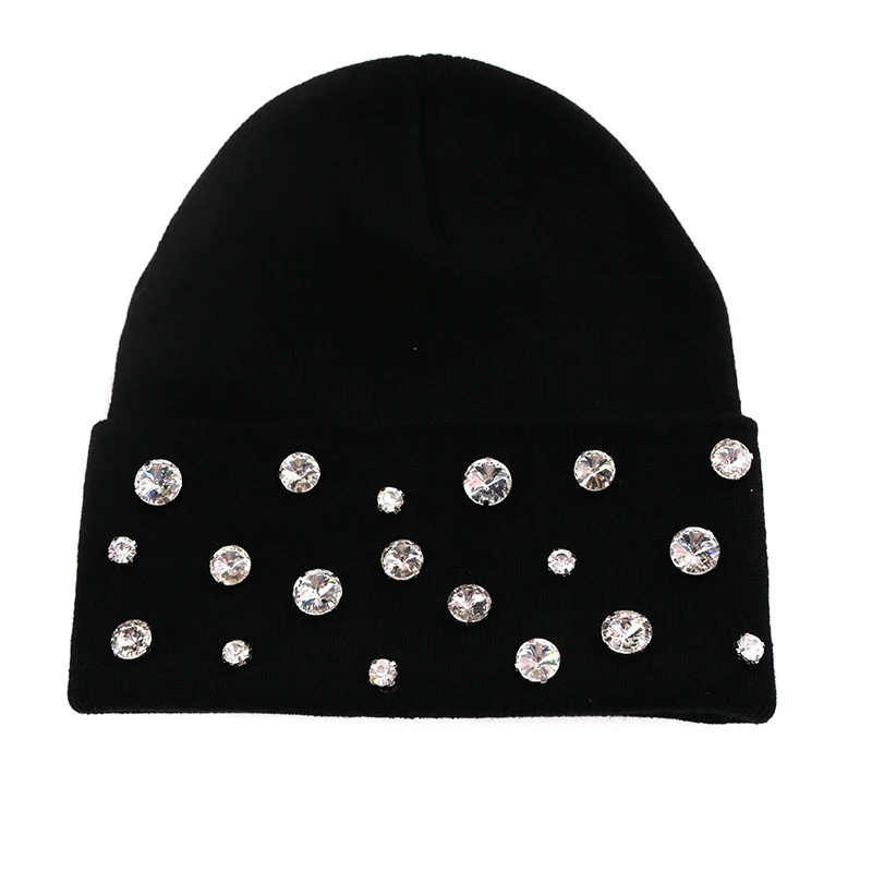 Casual Autumn Winter Rhinestones Knitted Beanie Hat Cap for Women Soft Warm Black Acrylic Bonnets Skullies for girls ladies