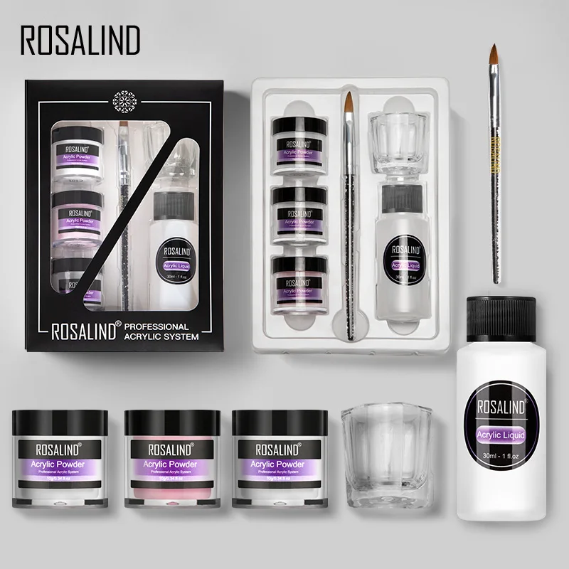 

ROSALIND Acrylic Powder Nail Extension Carving Art Design 10g Powder Clear White Pink Color Building Poly Nail Set Need Base Top