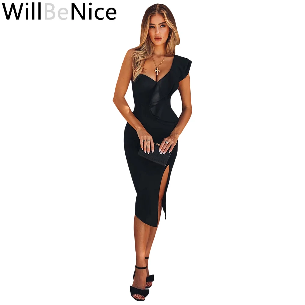 

WillBeNice 2019 Summer Women Bandage Dress Black Celebrity Party Dresses Sexy One Shoulder Ruffles Bodycon Club Dress Vestidos