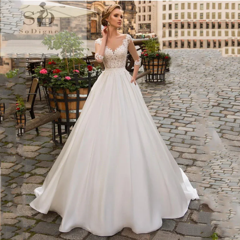 SoDigne 2023 vestido de novia de manga larga vestidos de novia bohemios para mujer una línea Apliques de encaje de color marfil vestido de novia de satén personalizado