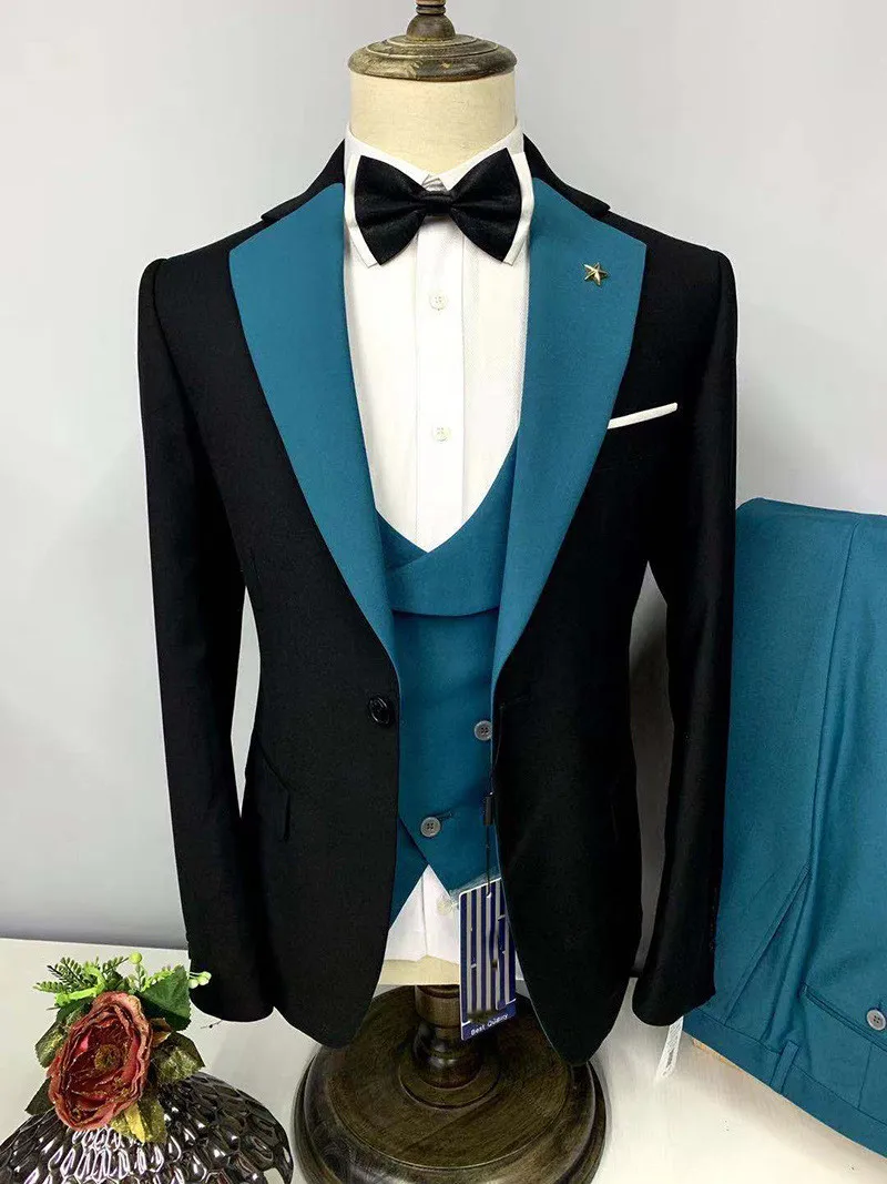 2025 Latest design Classic Custom pink with black wedding suit for men suits slim fit groom best man party tuxedo 3 piece Blazer