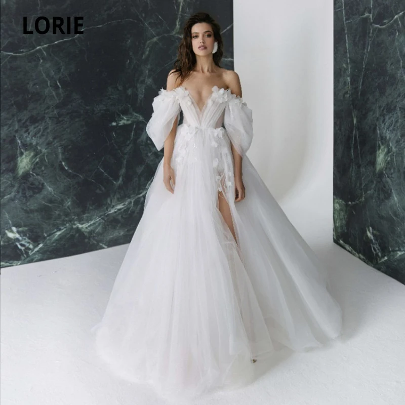 LORIE Princess Wedding Dresses Off the Shoulder 3D Flowers Puffy Sleeves Boho Wedding Gown Side Split White Ivory Bride Dress