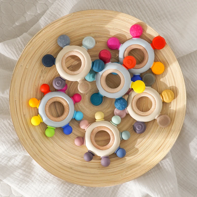 Neue Farbe Silikon Zahnen Infant Kauen Neugeborenen Zubehör Baby Gesunde Molaren Beißring Spielzeug BPA Frei Holz Ring Pflege Geschenk