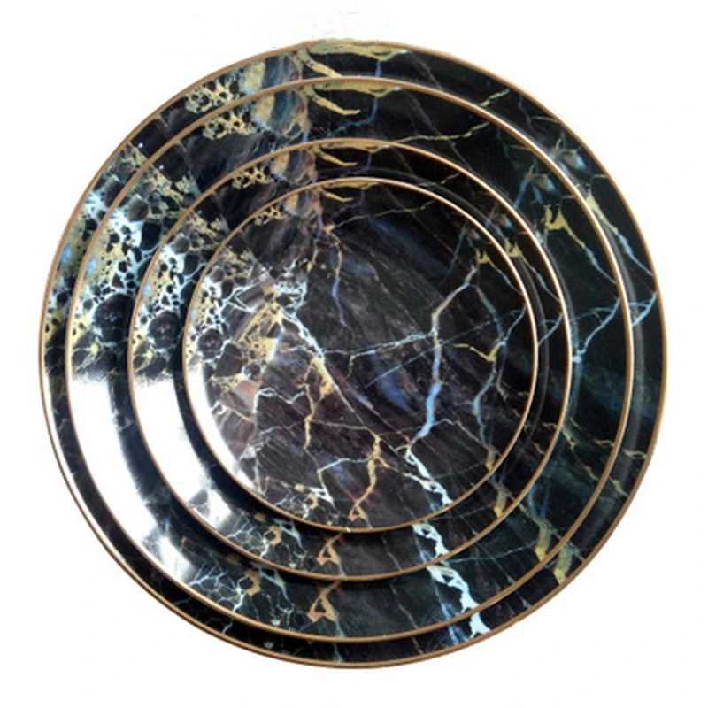 Ceramic Plate Steak Salad Plate Dish Bone China Black Phnom Penh Crack Marble Tray Multi-size Nordic Household Kitchen Supplies