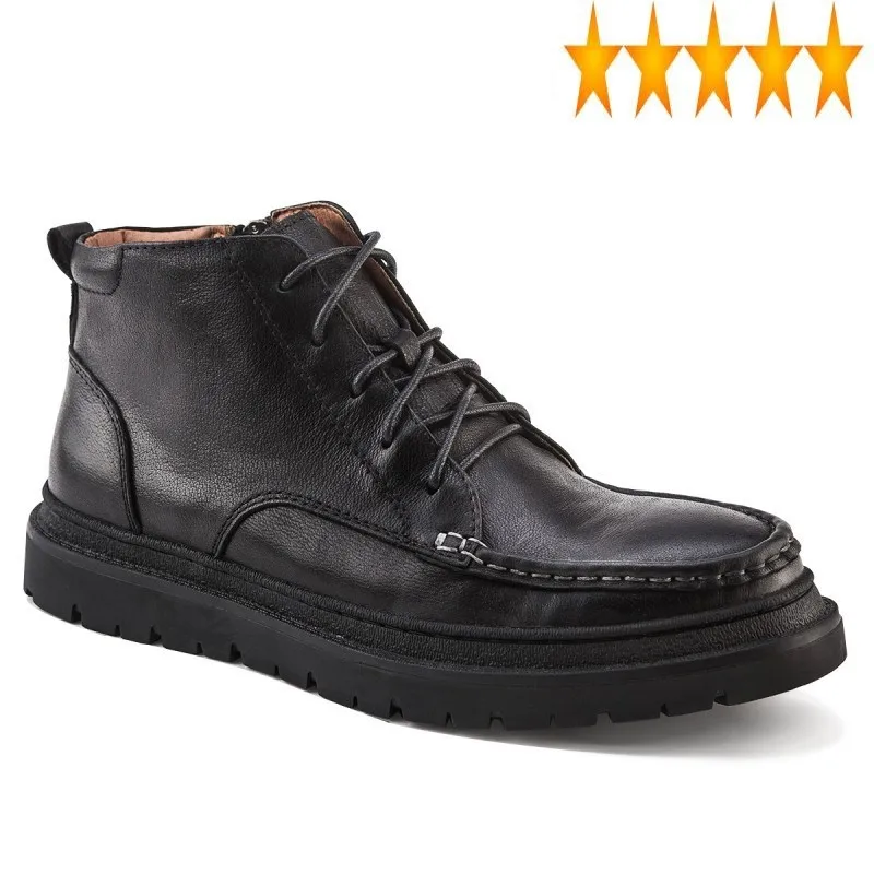 

Bottom Thick Winter Lace New Up Zip Round Toe Mens High Top British Retro Genuine Leather Cowhide Male Casual Short Boots