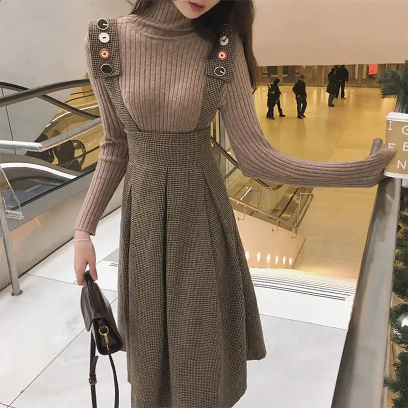 Knitted Dress Womens 2 Two Piece Set Autum Winter Slim Fit Knitted Pullovers + Plaid Pleated Skirt Office Ladies Suit Streetwear