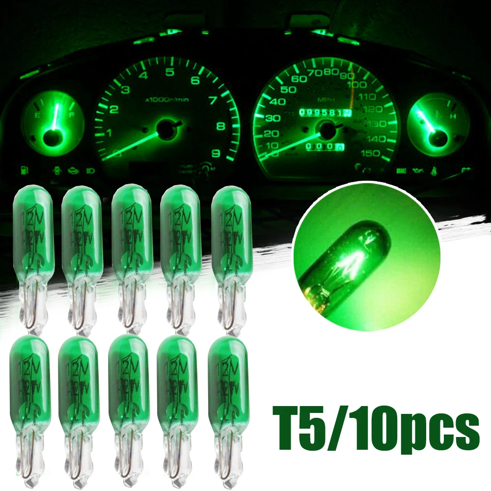 

10Pcs T5 12V 1.2W Cars Auto Vehicle Dashboard Dash Panel Gauge Halogen Lamps Light Bulb Interior Accessories Green Universal