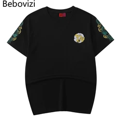 Bebovizi Chinese Style Green Dragon Embroidery Tshirt Men Streetwear Harajuku T-Shirt Summer Japan Black Short Sleeve T Shirt