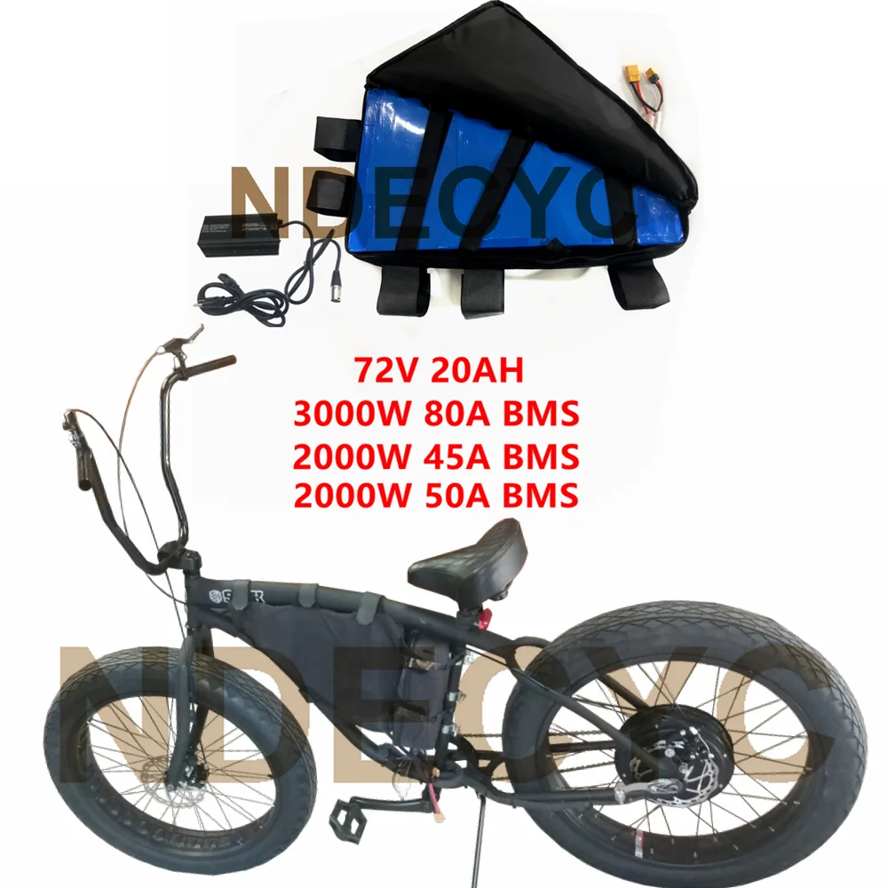 72V 20AH Electric Bike Triangle Lithium Battery Pack, 72V 2000W 45A 50A BMS 3000W 80A BMS Lithium Battery with 72V 5A Charger