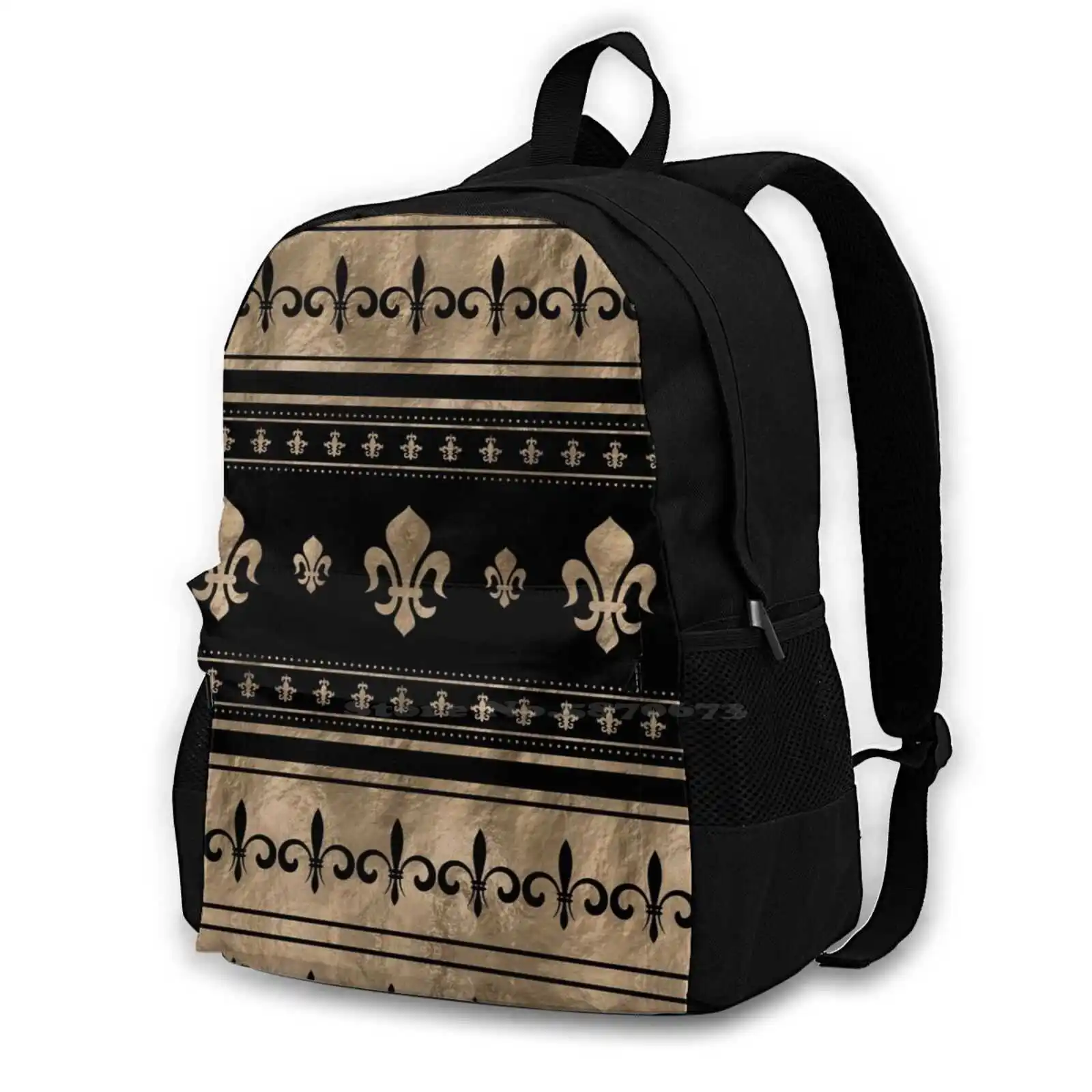 Fleur-De-Lis Luxury Ornament-Black And Gold School Bag Big Capacity Backpack Laptop 15 Inch Fleur De Lis Fleur De Lys Lily