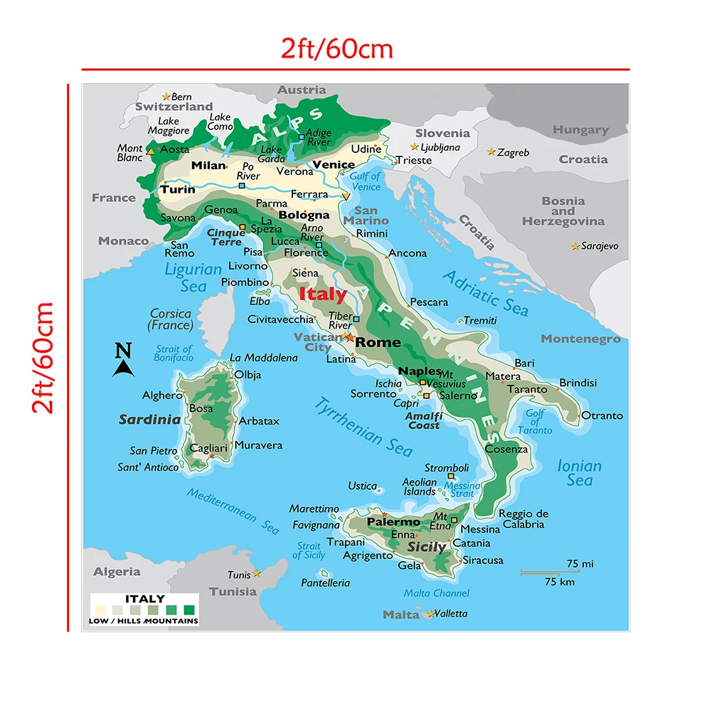 60*60Cm The Italy Terrain Map Modern Kanvas Lukisan Dinding Art Poster Kelas Dekorasi Rumah Perlengkapan Sekolah Anak-anak