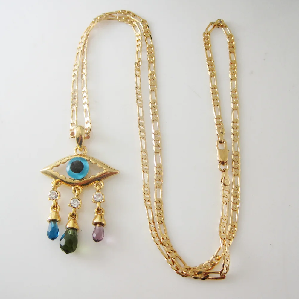 4 DESIGNS YELLOW GOLD PLATED 60CM FIGARO CHAIN EVIL EYE CZ STONES PENDANT DIFFERENT DESIGNS AVAILABLE Great Gift