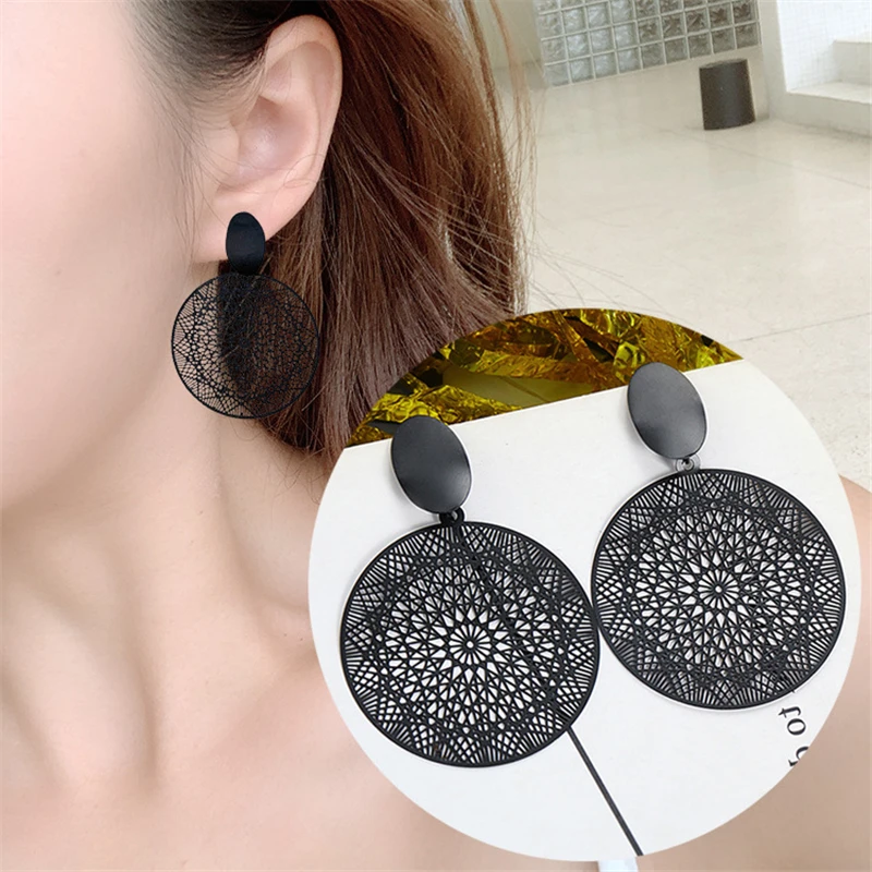 Wholesale Of New Korean Personality Black Ring Temperament Hollow-out Pattern Pendant Earrings In 2019 Earrings For Women