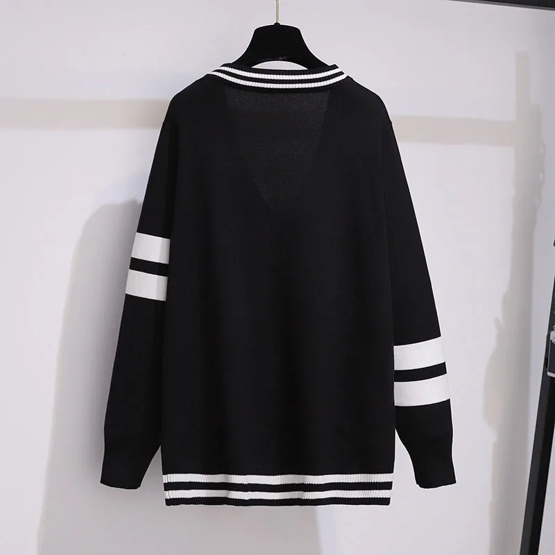 160Kg Plus Size Women\'s Bust 160cm Loose Cardigan Knitted Sweater 6XL 7XL 8XL 9XL 10XLSpring Autumn V-neck Striped Sweater