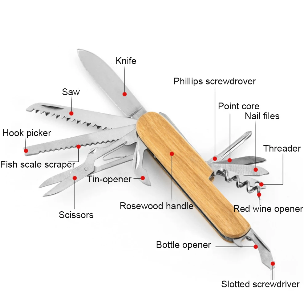 Multi-purpose Swiss Knife 13 In 1 Multitools Stainless Steel Folding Knife Wood Handle Outdoor Keychain Pocket Knife Tools