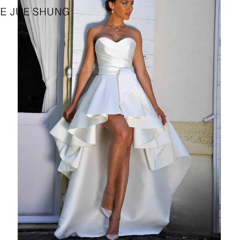 

Satin Simple Hi Low Wedding Dresses Lace up Back Front Short Long Back Bridal Gowns Sweetheart