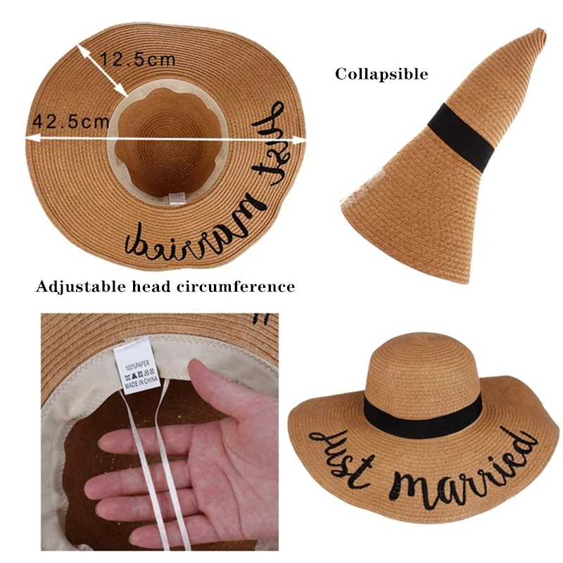 Wide brim color letter embroidery straw hat summer ladies foldable sun hat sea beach big brim hat wholesale