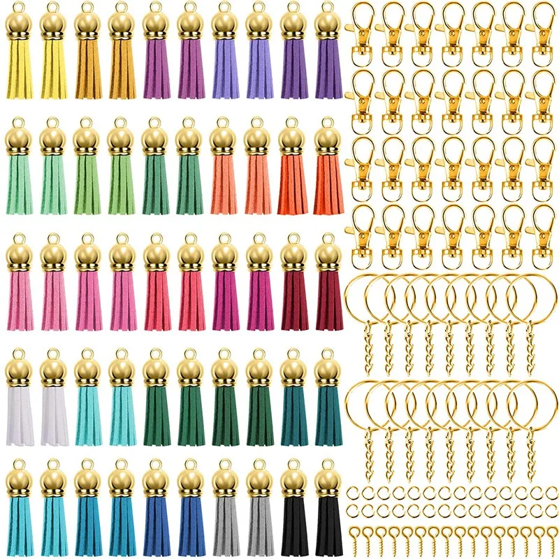 

350 Pcs Keychain Tassels Set with 50 Pcs Gold Cap Tassel for Keychain and Jewelry Making 50 Pcs Keychain Hook