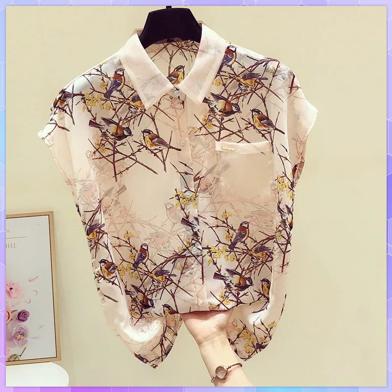 Lovely Print Chiffon Oversized T-shirt Women's Tee Shirt Summer Bow Short Sleeve T-Shirts Casual Office Lady Button-Down Tops