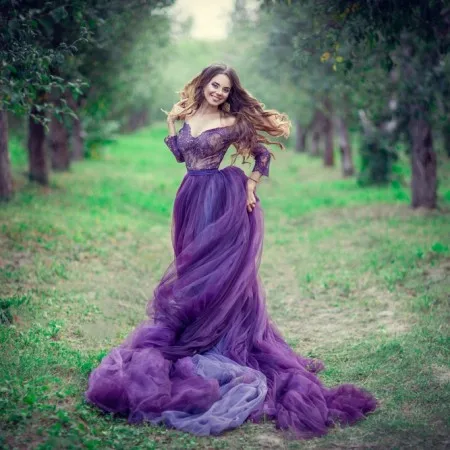 

Charming Purple Lace Pregnancy Gowns Long Sleeves V Neck Strapless Soft Tulle Long Train Maternity Dressing Gown