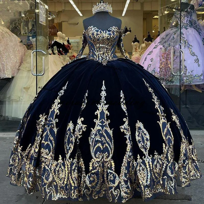 Robe de princesse en velours bleu marine, 15 pièces, paillettes, dentelle, Style mexicain