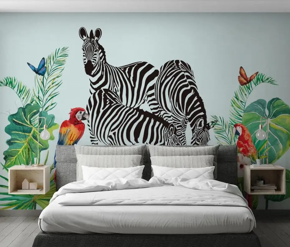 Bacal Custom photo mural wallpaper hand-painted watercolor tropical rainforest plant zebra animal background wall 3d wallpaper