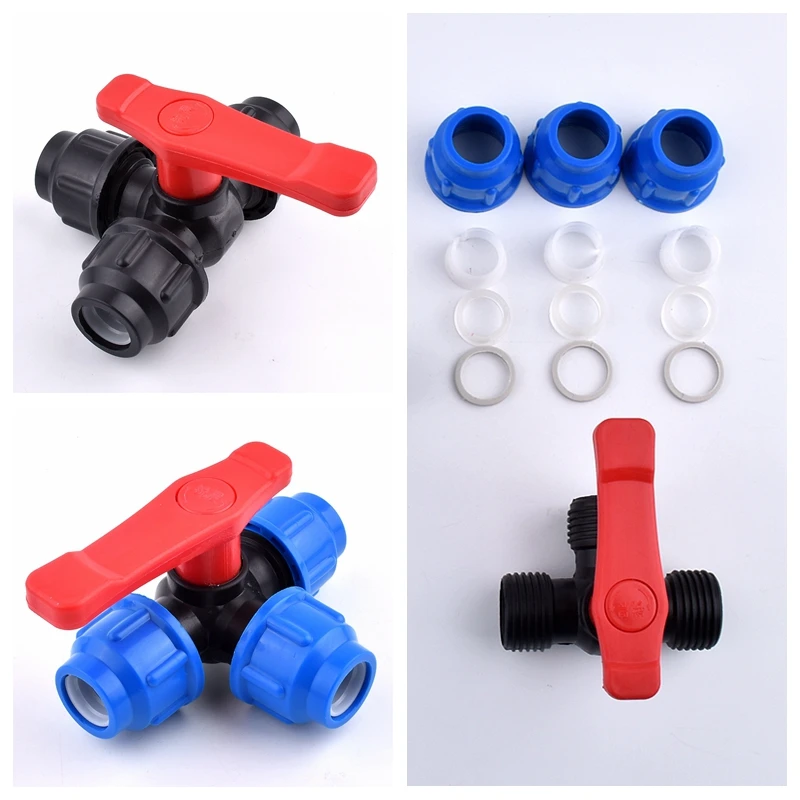 1Pc 20/25/32/40/50/63mm Pvc Ball Valves Plastic Water Pipe Quick Valve PE Tube 3-Way Fast Connectors Irrigation Accessories