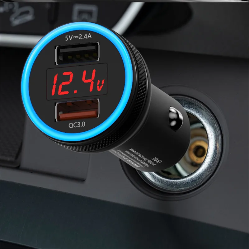 2020  new Digital Display Car Charger Aluminum Alloy Dual USB QC3.0 Fast Charging Multi-function